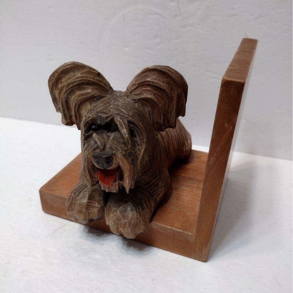 Vintage Wood Carved ANRI Italy Dog Bookend, Wooden Skye Terrier Figurine 1940s